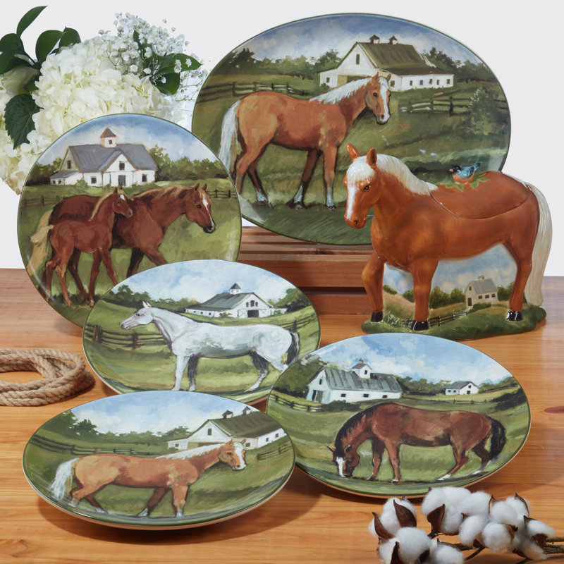 York Stables Ceramic Horse Design Salad Plates, Set of 4