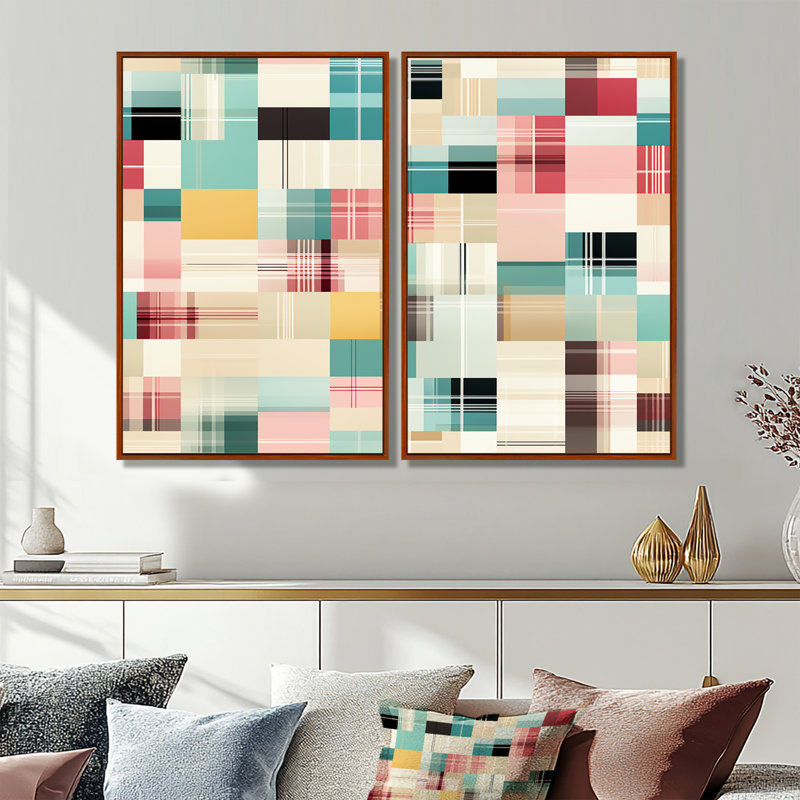 Motif rétro à carreaux pastel 2 pièces, Brun, H 36 po x l 48 po, Impression encadrée flottante