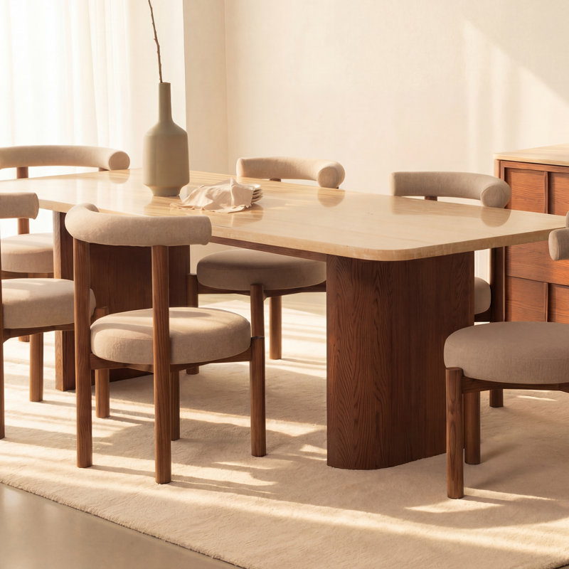 Ovelo 96" Travertine Dining Table with Oak Double Pedestal Base, Large Rectangular Kitchen Table - Brown
