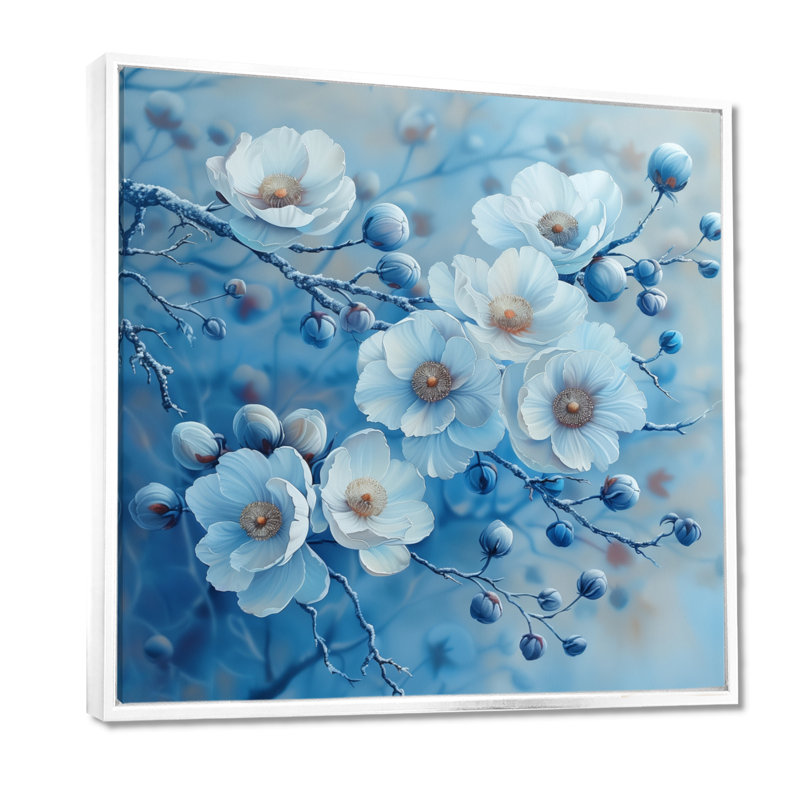 Bleu blanc, coquelicots, hiver, beauté I - coquelicots, art mural, salon, Toile encadrée flottée blanche