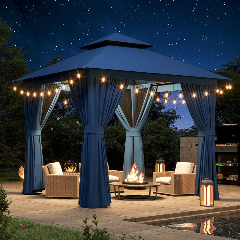 8x8 Ft Outdoor Gazebo With Double Roof, Patio Canopy With Mosquito Netting And Curtains, Suitable For Patios, Lawn And Backyard