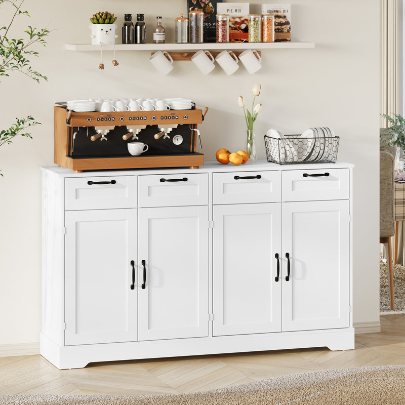 Buffet 58,7 pouces, crédence de rangement blanche avec station de charge, 4 tiroirs et 4 portes