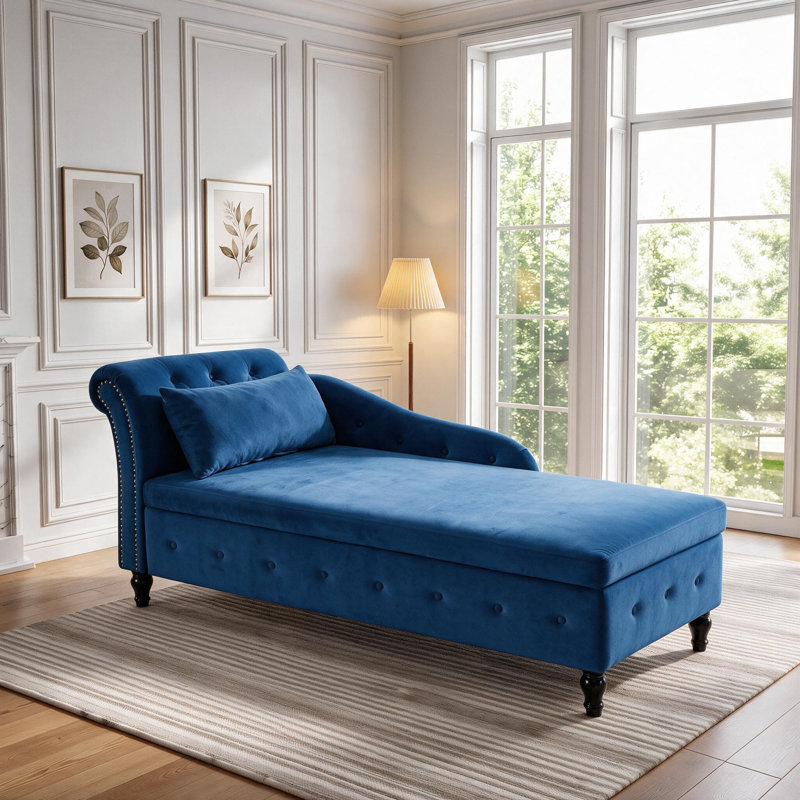 Méridienne surdimensionnée rembourrée en velours avec rangement caché L 74 po Maci, Orienté à droite, Bleu