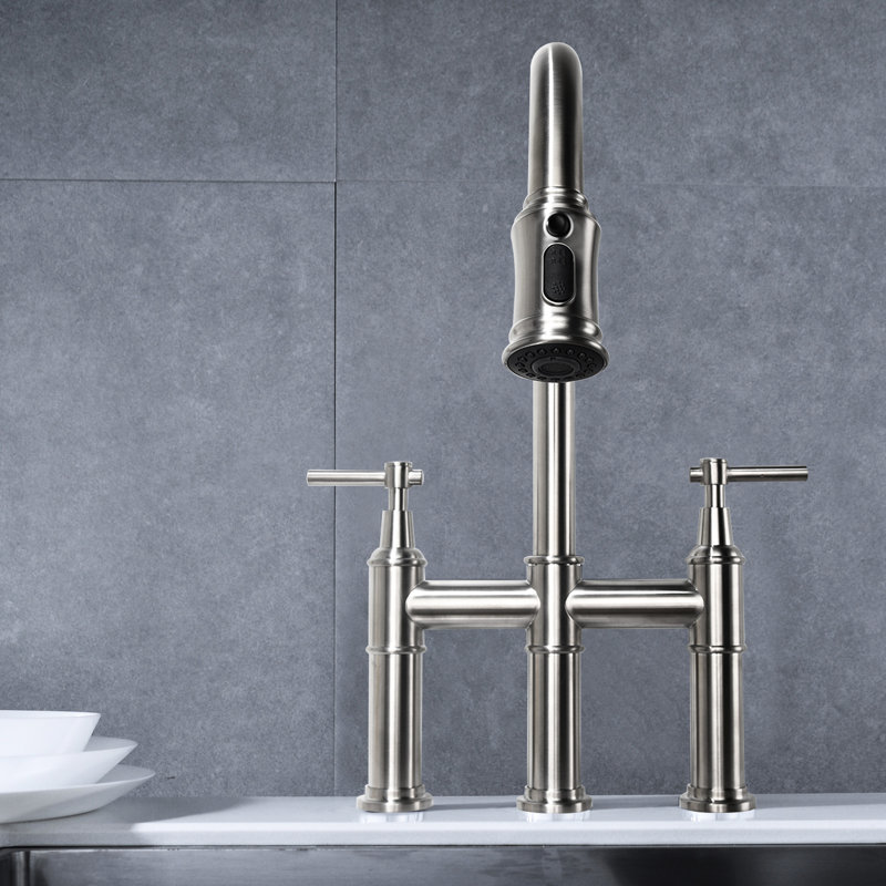 Bridge Kitchen Faucet Brushed Nickel, Pull-Down Option Installed, Dual Handle For Accurate Flow & Temperature Regulation, 360 Swiveling High Nozzle, Brass, Marginally Splash- Aerator In Nickel Look,