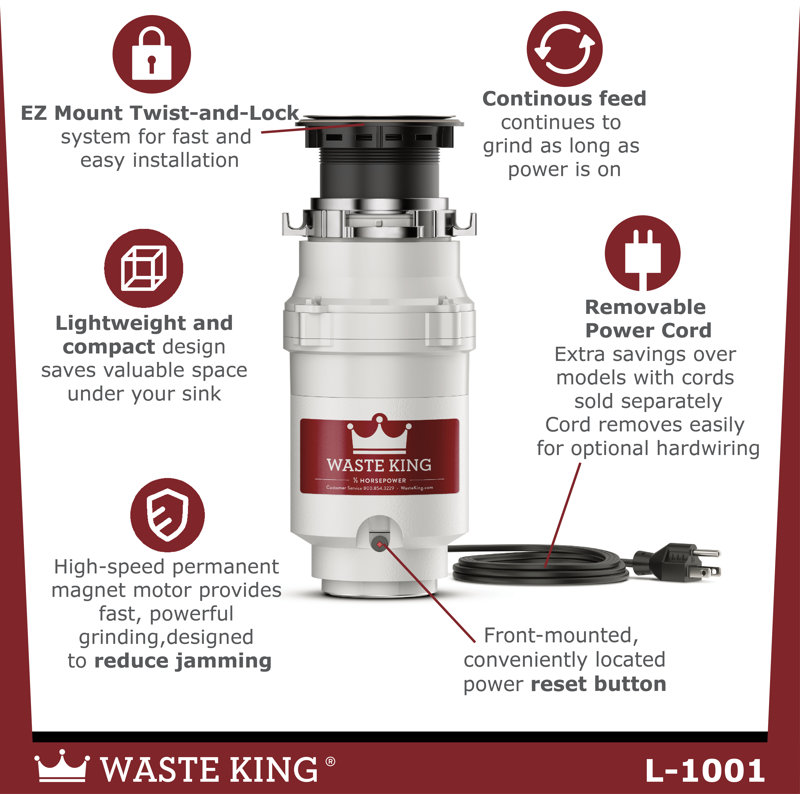 Waste King 1/2 HP Continuous Feed Garbage Disposal with Power Cord