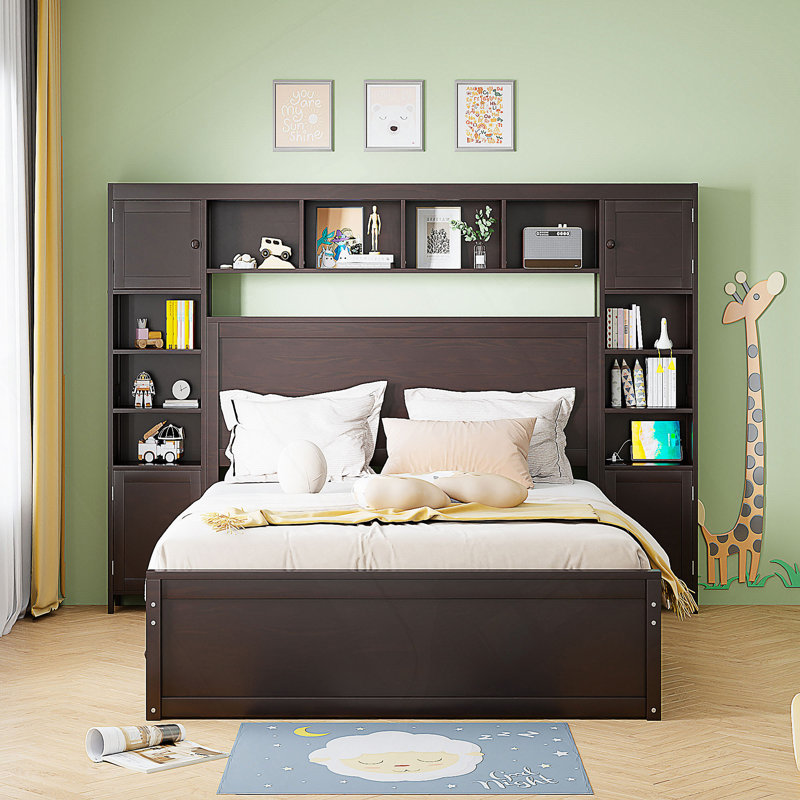 Grand lit en bois avec rangement tout-en-un, tablette, prises et lit gigogne simple TG pour les chambres modernes