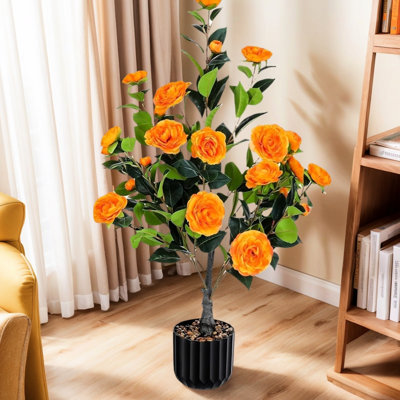 36" Faux Tree 2 Pack With Orange Flowers In Pot, Suitable For Indoor Outdoor Office Cafe Shop Decor, Realistic Trunks, Stable Base, No Assembly Of Artificial Trees And , Potted Porch Appearance,