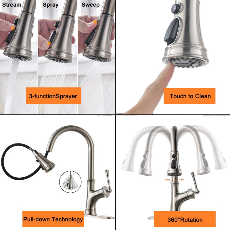Pull Down Single Handle Kitchen Faucet with Sprayer and Deck Plate, Brushed Nickel