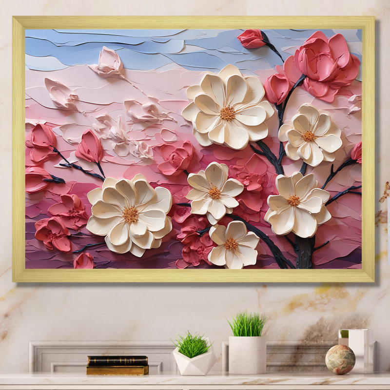 Orchidée rose et blanche, branches III - Art floral abstrait, Cadre d'angle fermé noir, H 30 po x l 40 po x P 1,5 po