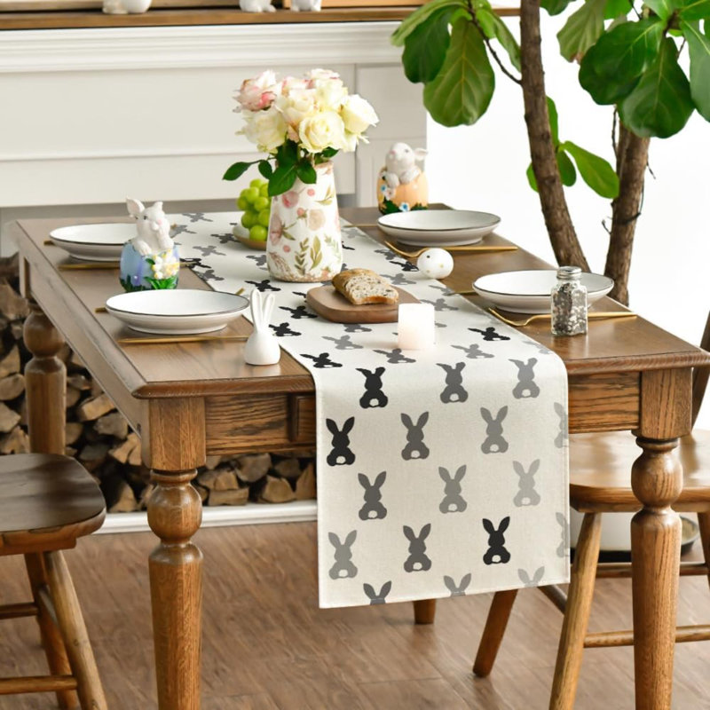 Bunny Rabbit Easter Table Runner, Spring Kitchen Dining Table Decoration For Home Party Decor, Gray/Black, 13"D x 72"L