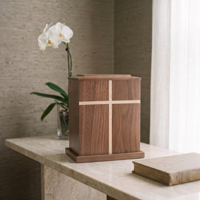 Solid Walnut Wood Cremation Urn for Human Ashes Adult Male & Female, Handcrafted in USA with Maple Cross Inlay and Hidden Magnetic Closure