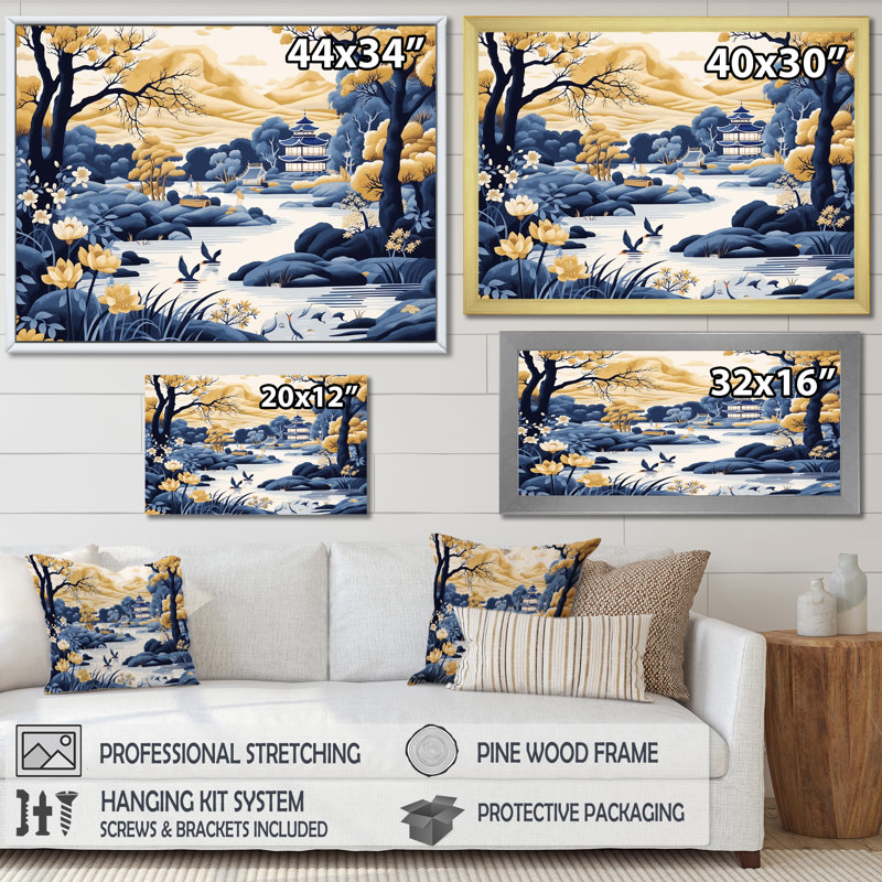 «Blue and Yellow China Blooming Landscape I», art mural Chine, Cadre doré à coins fermés, H 34 po x l 44 po x P 1,5 po