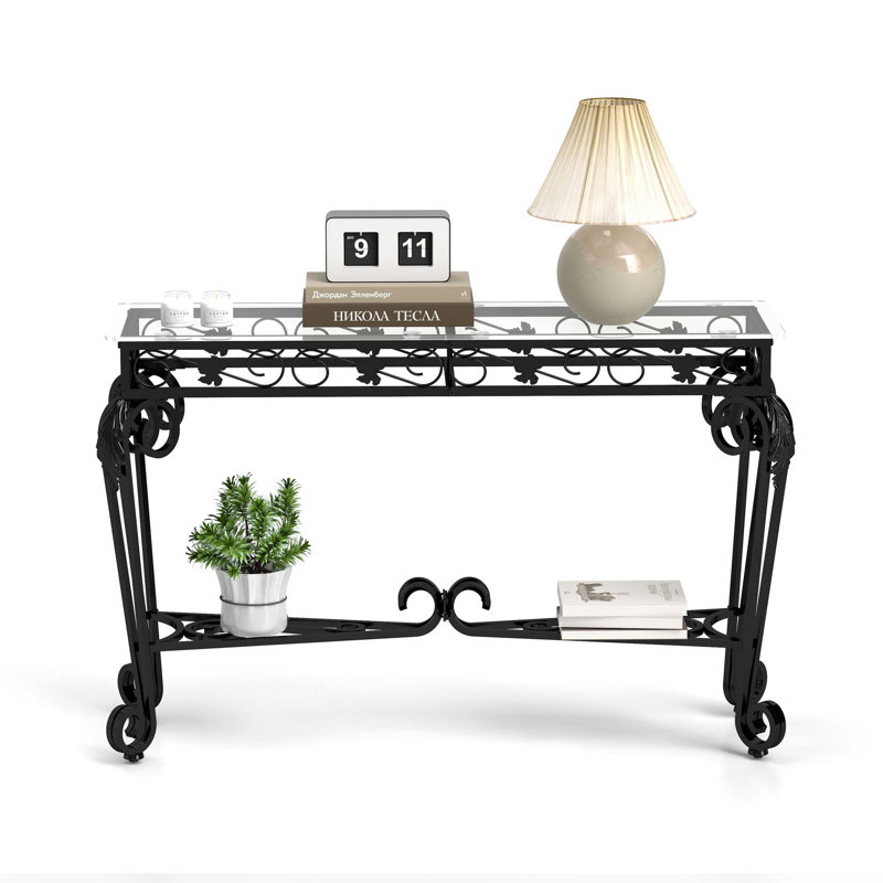 Modern Glass and Metal Console Table for Entryway with Storage and Easy Assembly, Black