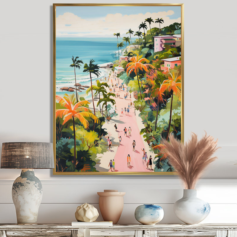 Scène de plage côtière, paradis en couleur pastel II - art de la plage côtière, Cadre flottant doré