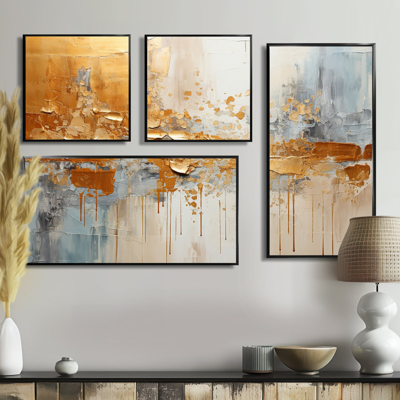 Golden Gleam I - ensemble de 4 impressions sur toile modernes, Impression encadrée sans passe-partout, Noir