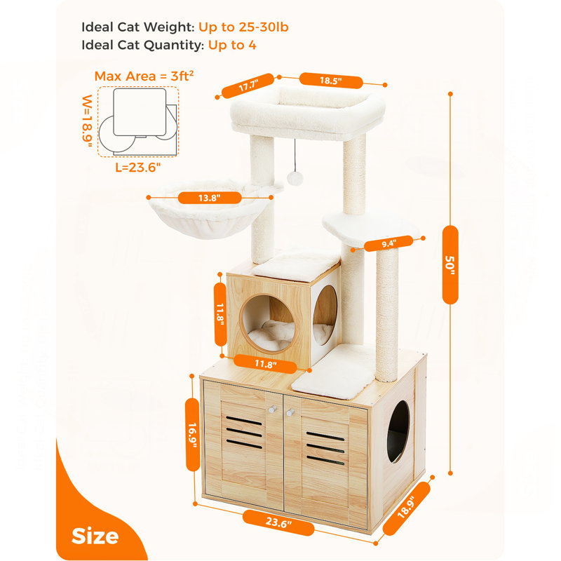 Arbre à chat moderne en bois avec litière pour chat, Beige