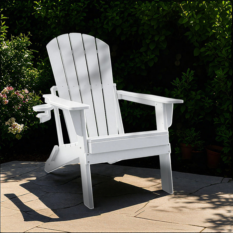HDPE Folding Adirondack Chair With Cup Holder,Weather-Resistant, Low Maintenance,Supports Up To 400Lbs, White