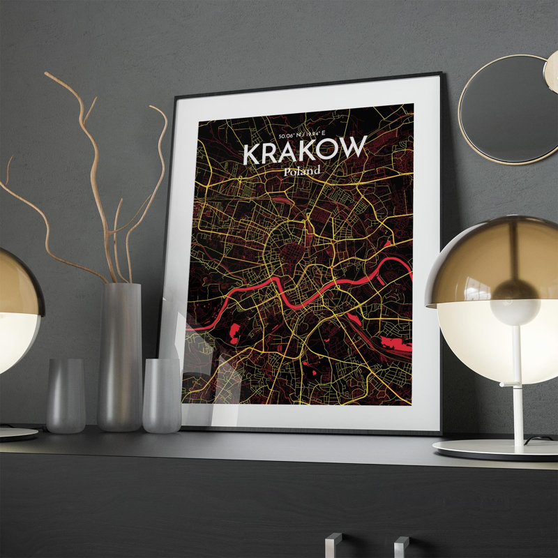 «Krakow City Map», impression de luxe, H 24 po x l 18 po, Noir / rouge / jaune