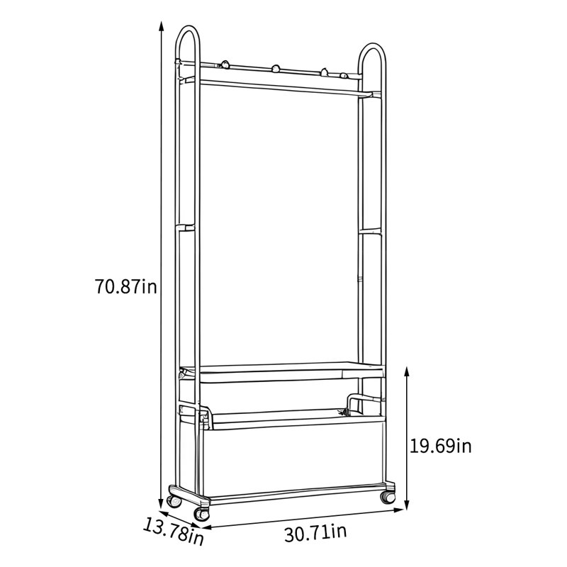 Coat Rack with Wheeled Storage & Trays, Black