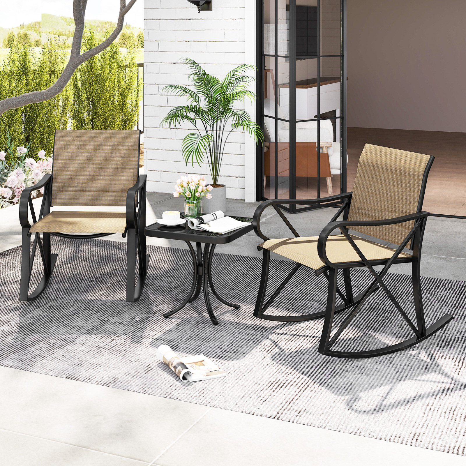 Ebern Designs 3 Piece Patio Rocking Set 2 Rocking Chairs w/ Tempered ...