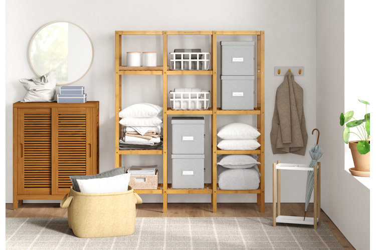 neat living area with organized storage ladder covered in storage containers