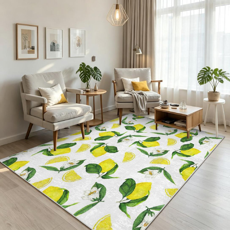 Tapis transparent transparent lavable à la machine avec motif citron jaune frais, Rectangle 71 po x 98 po