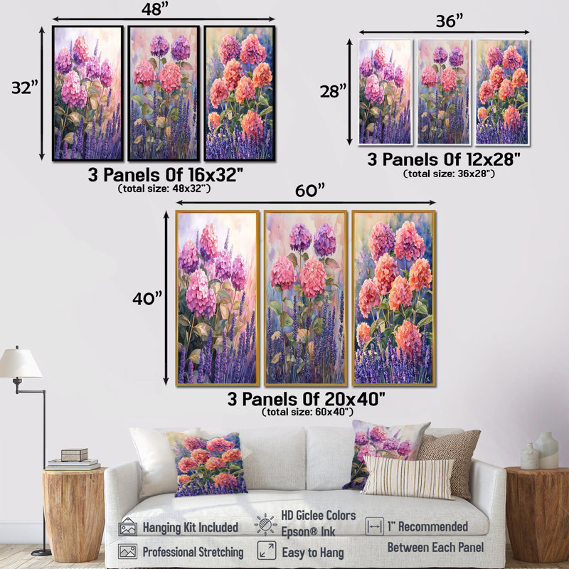 Hortensias dans un champ de lavande I - Collection de décorations murales Hydrangea, H 40 po x l 60 po, Noir