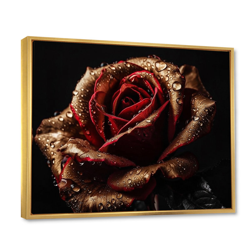 Morning Dew On Exquiste Red Rose - Art mural rose, H 24 po x l 32 po x P 1 po, Cadre flottant doré