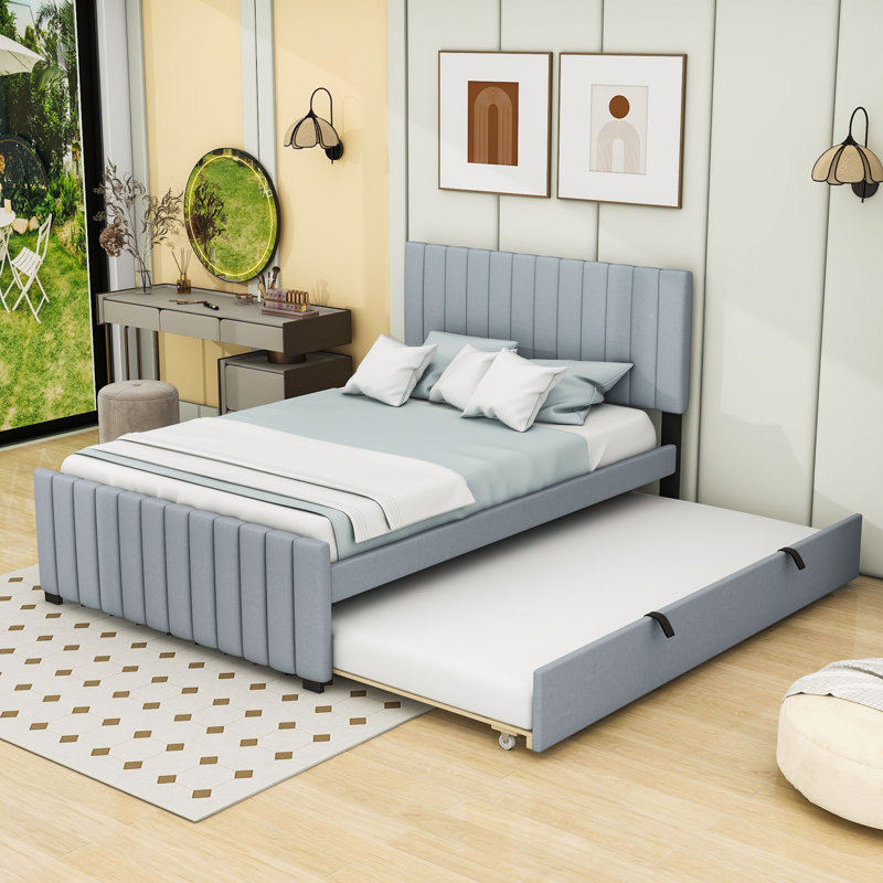 Lit plateforme tapissier avec lit gigogne, Full, Gris