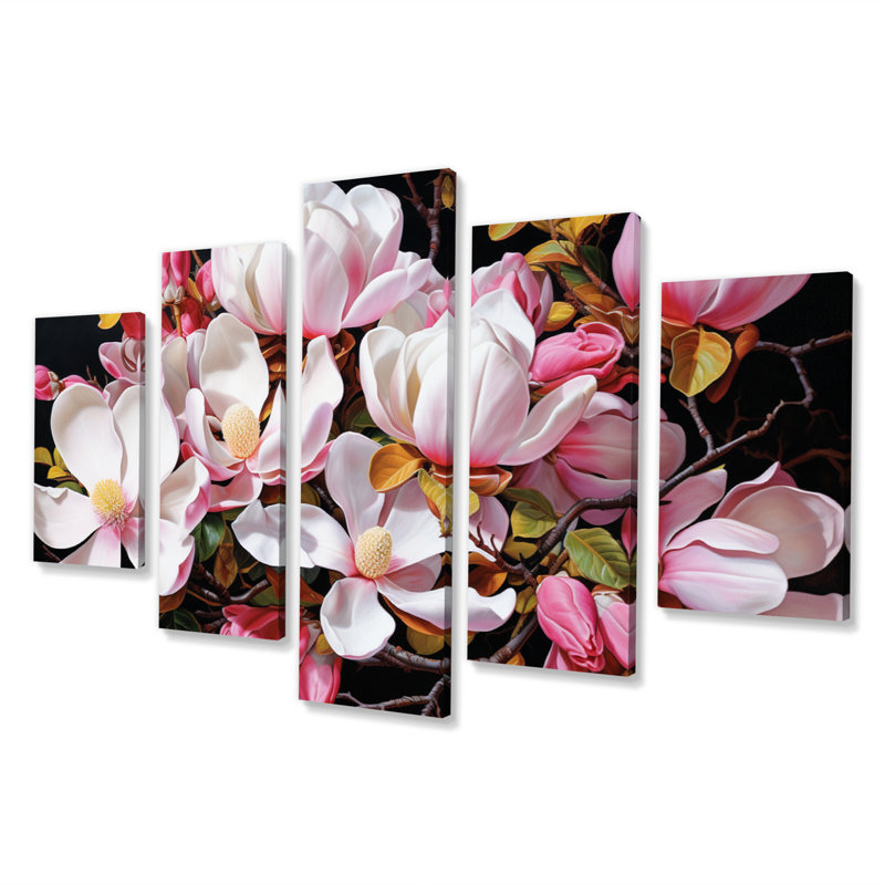 Délice de magnolia rose - décoration murale florale - 5 panneaux