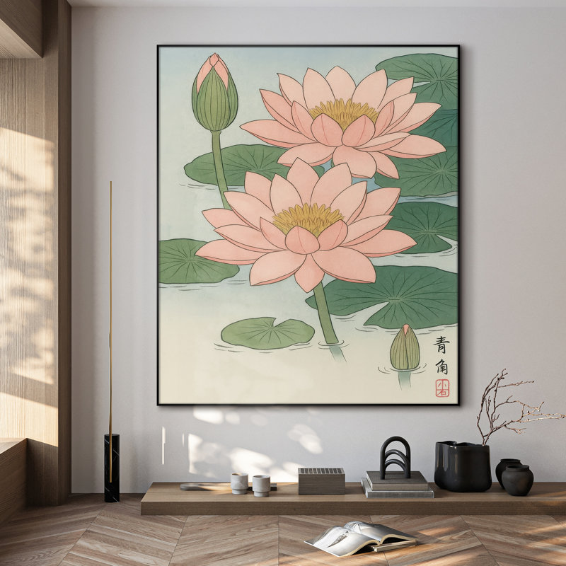 «Pink Lotus Blossoms over Water», reproduction d'art sur toile encadrée (assemblage de cadre requis), H 46 po x l 36 po