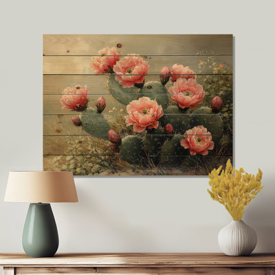 Cactus en pleine floraison à l'aube II - décoration murale en bois de cactus floral - sur bois de pin naturel