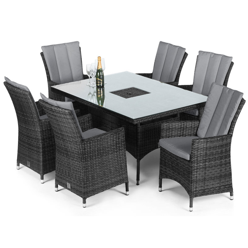Reimer 6 Seat Rectangular Rattan Dining Set - with Ice Bucket, Black/Grey/Light grey