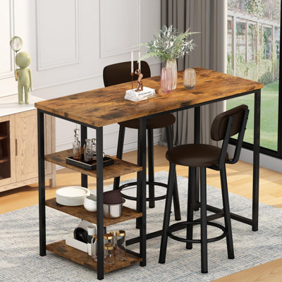 Rustic Brown Bar Table Set for 2 with Storage Shelves - 350 lbs PU Leather Stools, Space-Saving Design for Small Kitchens & Apartments