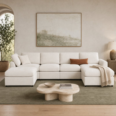 Rizzuto 130.3" Chenille Upholstered 6-Seater Modular Sectional Sofa with 2 Movable Ottomans, Deep Seats and Removable Cushions