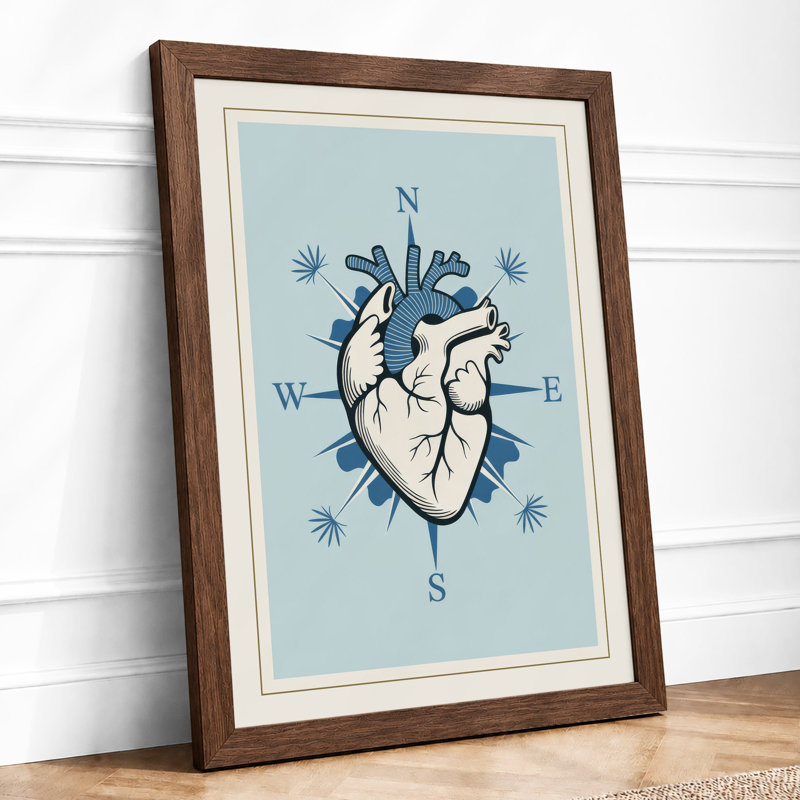 Compass Heart Minimalist - Framed Print, A4 - 29.7 x 21.0 cm, Walnut