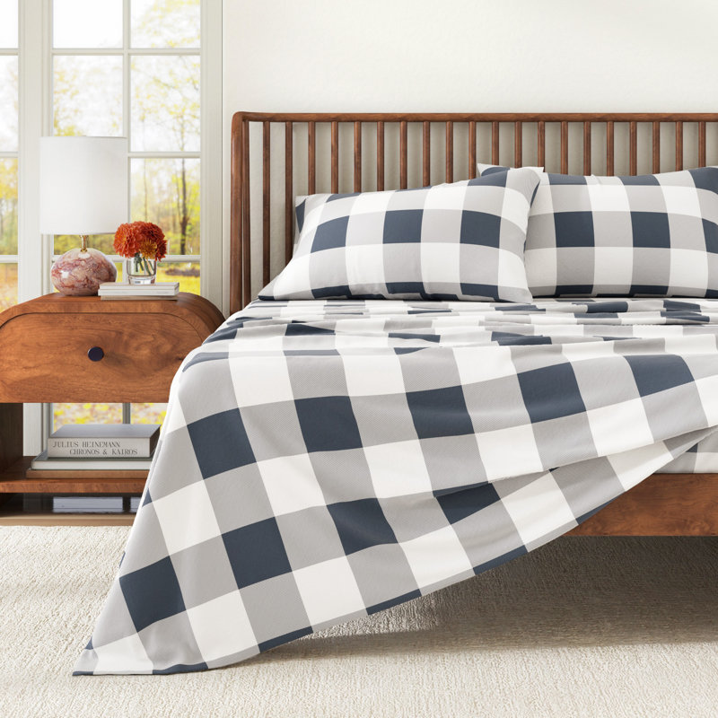 Ensemble de draps 100% flanelle de coton, Buffalo Check - Navy, Très grand avec deux taies d'oreiller