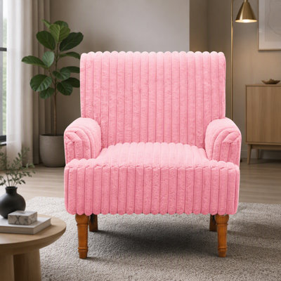 Chaise d'appoint moderne avec velours côtelé large de 2 po de largeur, pieds en bois massif de 9 po et fauteuil rembourré confortable de couleur rose pour le salon