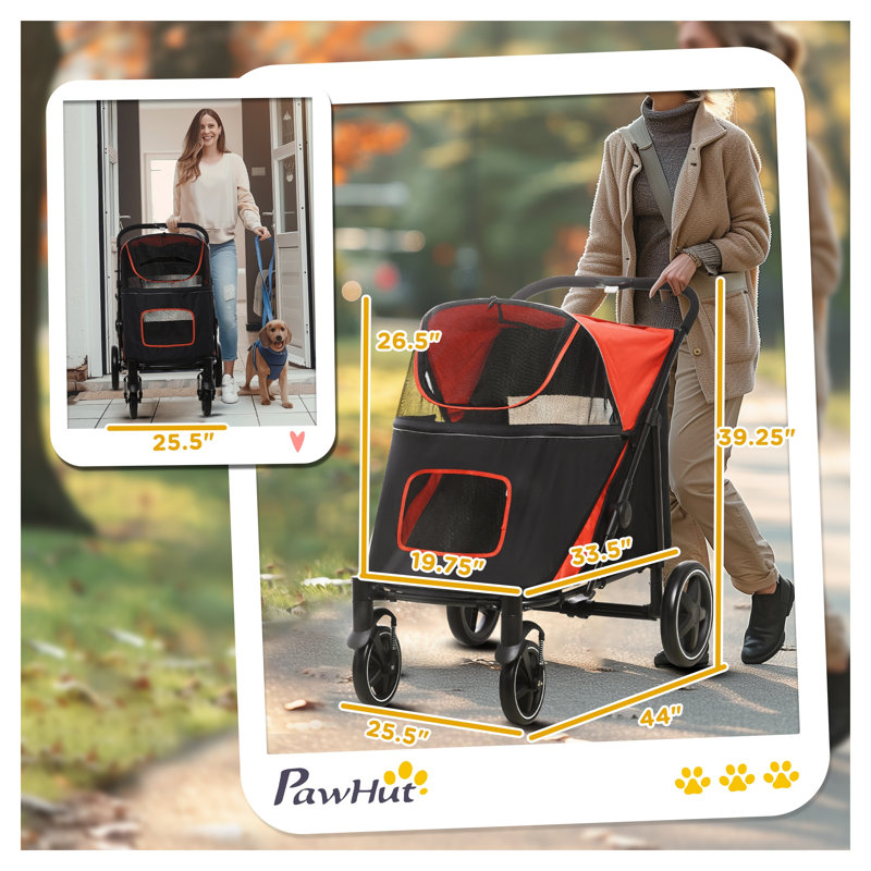 Poussette pour chien pliable en un clic avec absorbeur de chocs, tissu Oxford noir et rouge et structure en acier