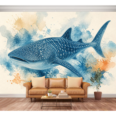 Wall Mural Peel and Stick sea ocean blue Whale Shark animal Abstract Blue Orange Splashes Large Wallpaper Self-Adhesive Removable Contact Paper Wall Decor for Living Room Bedroom Nursery 100"H x 144"W