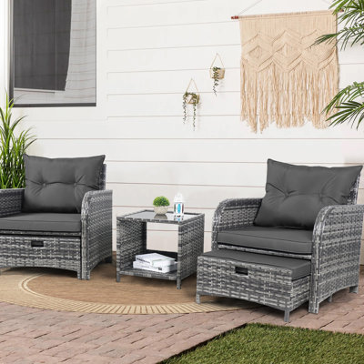 Nevart 2-Person Outdoor All-Weather Wicker Conversation Set with Ottomans and Coffee Table