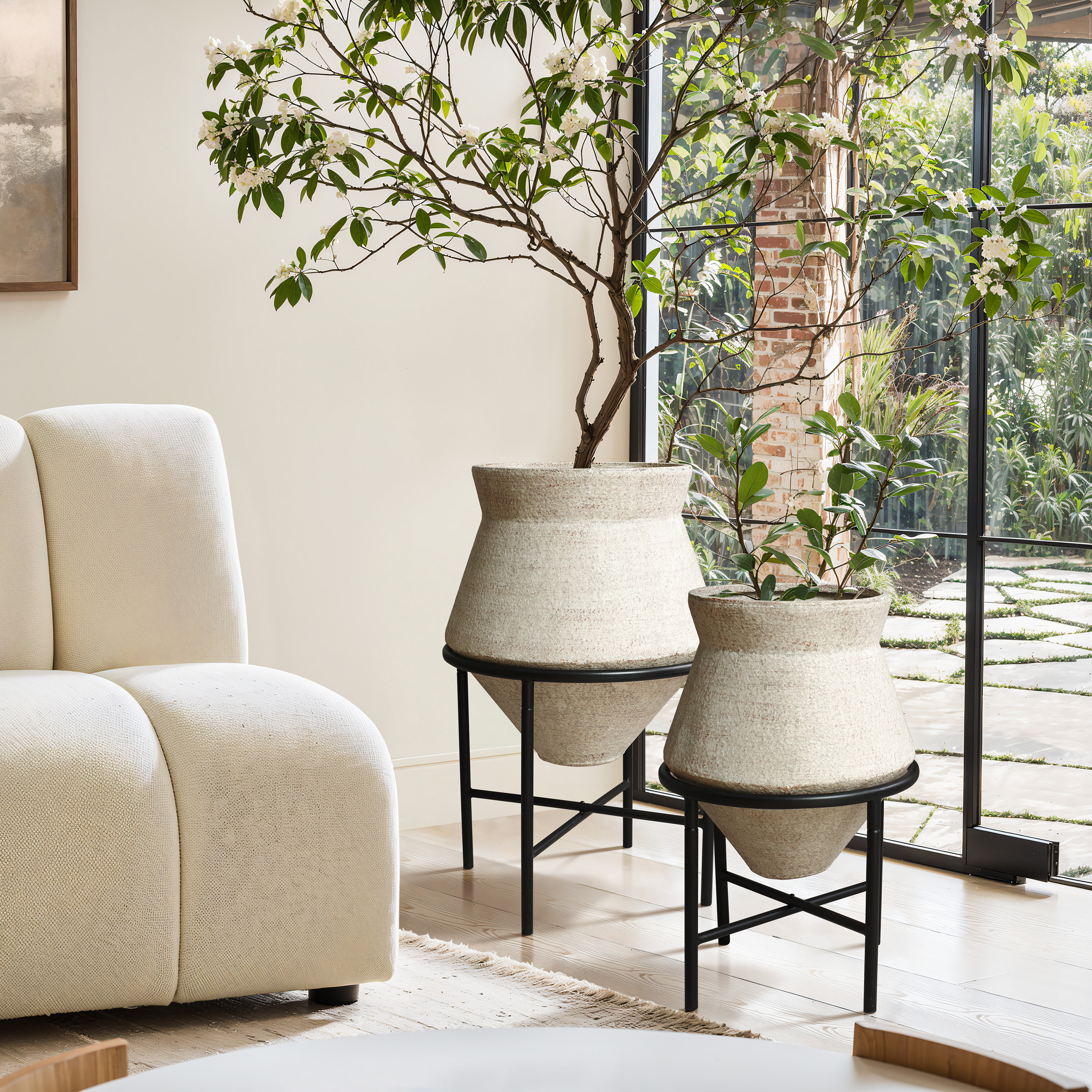 2-Piece Beige Cachepot Planter Set with Black Stands