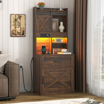 Farmhouse Tall Nightstand With Charging Station, LED Night Stand With Bookshelf, Bedside End Table With Sliding Barn Door For Bedroom Living Room