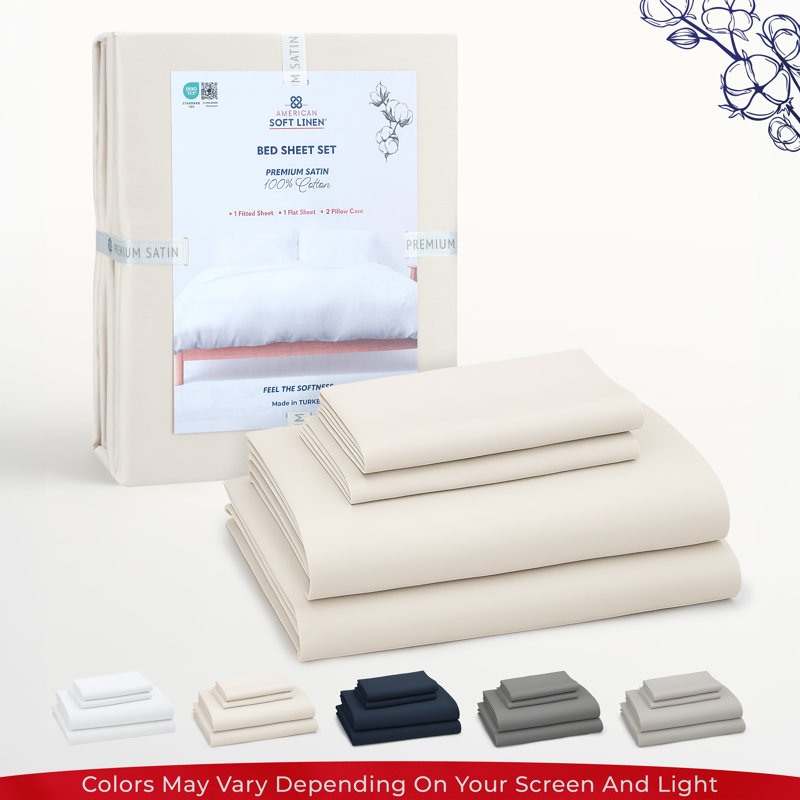 100% Cotton Sateen Sheet Set - Includes 1 Flat Sheet, 1 Fitted Sheet and 2 Pillowcases, King Sheet Set + 2 Pillowcases, Beige