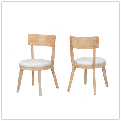 Set Of 2 Modern Upholstered Dining Chairs, Rubberwood, Natural + Beige