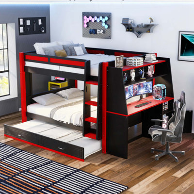 Lit superposé multifonctionnel avec lumière DEL, bureau et étagères