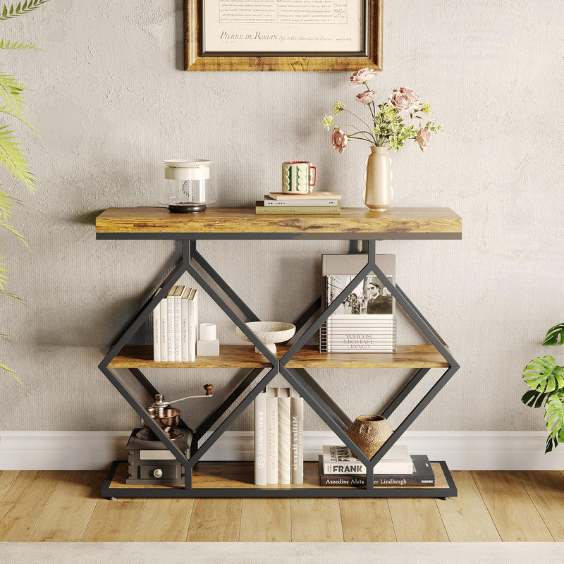 Modern 3-Tier Narrow Console Table with Gold Metal Legs for Entryway, Living Room & Hallway, Dark Brown Wood