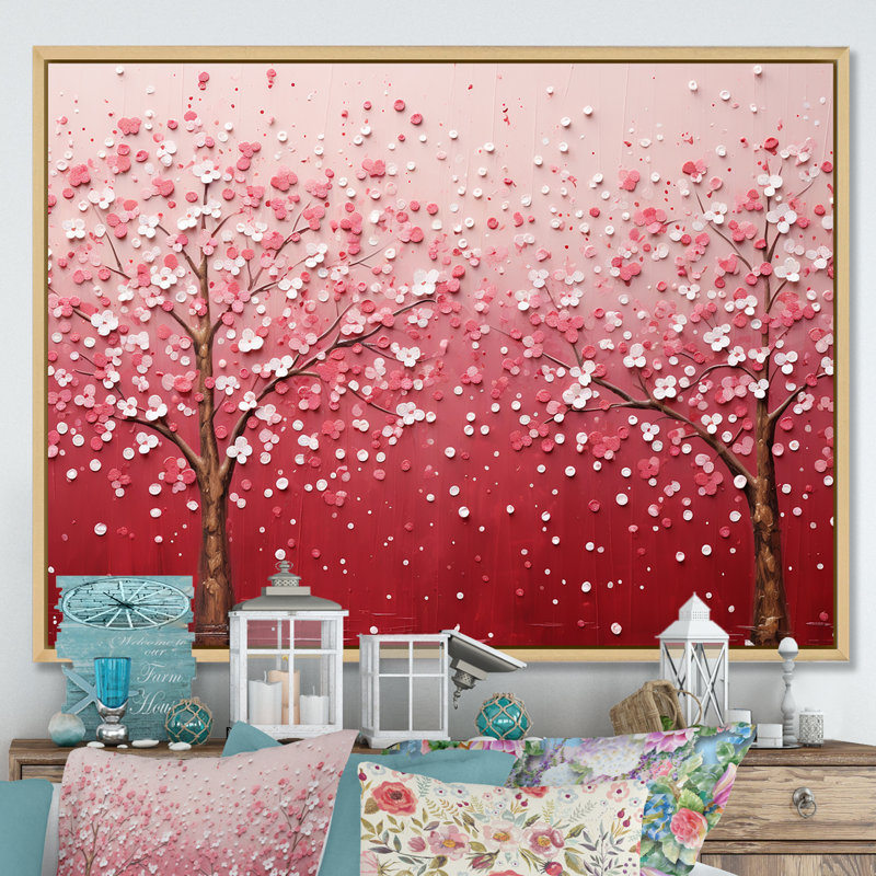 Fleur de cerisier rose et blanc 1 - Art mural cerise, Cadre flottant brun, H 34 po x l 44 po x P 1,5 po