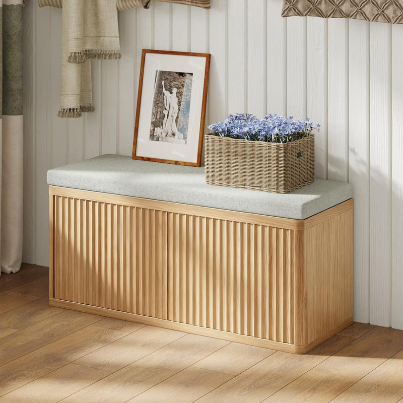 Fluted Shoe Storage Bench With Cushion, 2-Tier Entryway Bench With Storage, Hidden Shoe Cabinet, Entry Way Benches With Storage,For Hallway, Living Room, Bedroom
