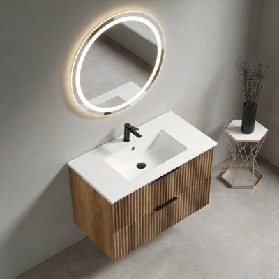 Meuble-lavabo mural de 36 pouces avec panneau cannelé 3D et lavabo intégré en céramique, conception moderne et durable pour une esthétique et une fonctionnalité améliorées.